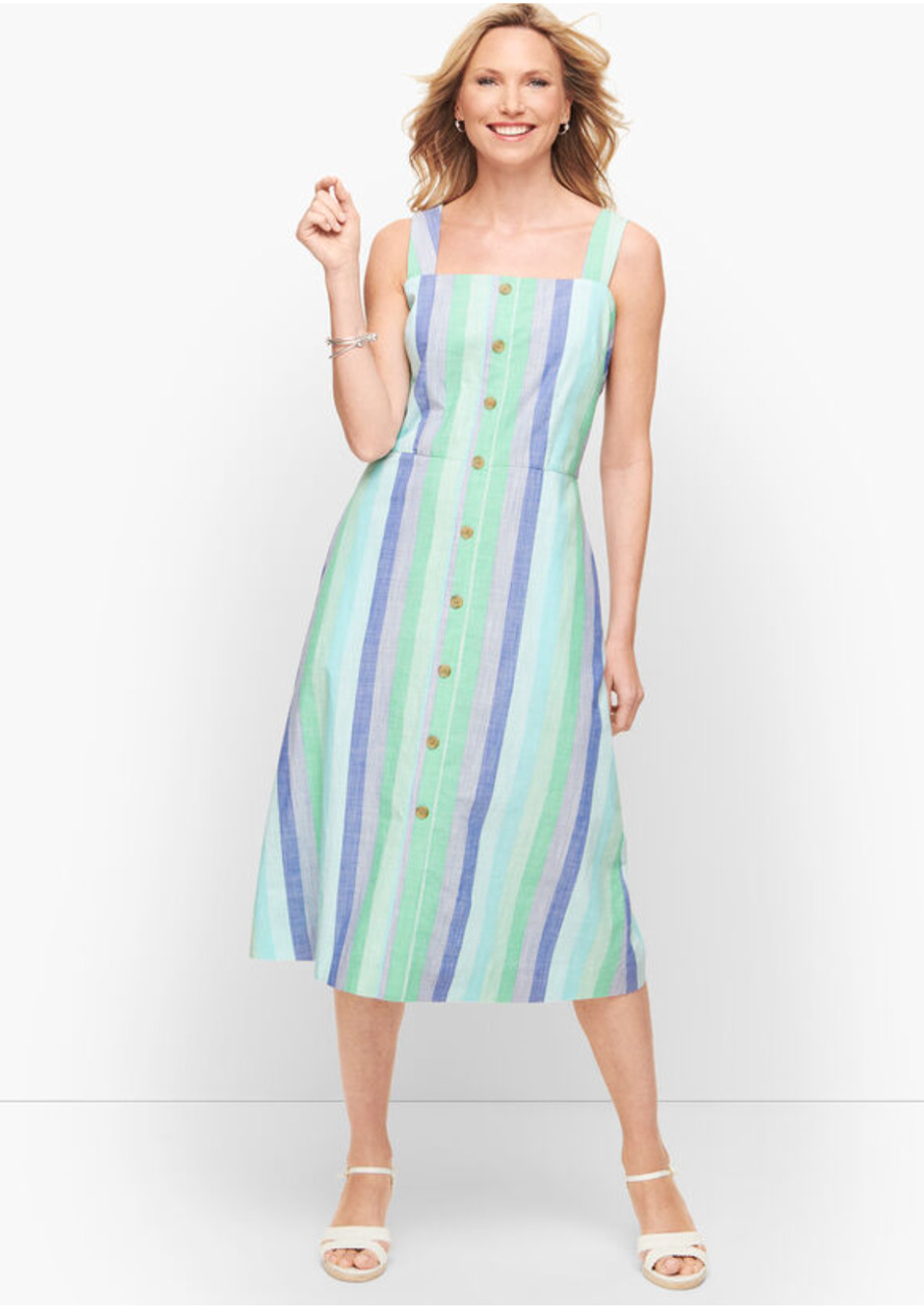 Talbots 4 Beachcomber Stripe Sleeveless Midi Dress Fit Flare 100% Cotton Pockets
